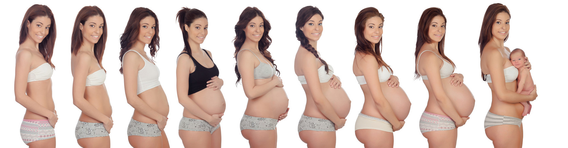 Junge Frau in 9 verschiedenen Stadien der Schwangerschaft © Gelpi, stock.adobe.com
