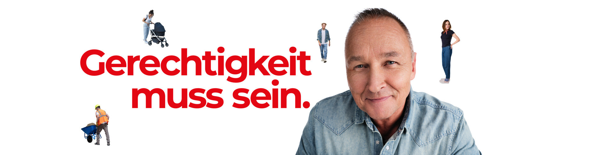 Älterer Mann lächelt vor weißem Hintergrund in die Kamera. Neben ihm der rote Schriftzug: Gerechtigkeit muss sein