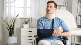 Mann nach Unfall im Rollstuhl im Krankenhaus